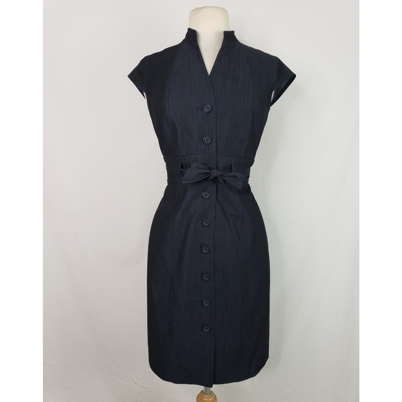 Calvin Klein Cap Sleeve Button Front Belted Dark Wash Denim Dress 10 Petite - Picture 5 of 12